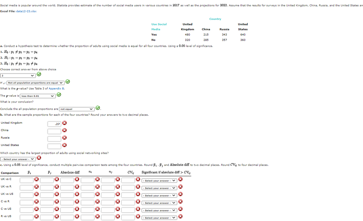 Social media
popular around the world. Statista provides estimate of the number of social media users in various countries in 2017 as well as the projections for 2022. Assume that the results for surveys in the United Kingdom, China, Russia, and the United States are
Excel File: data12-23.xlsx
Country
Use Social
United
United
Media
Kingdom
China
Russia
States
Yes
480
215
343
640
No
320
285
357
360
a. Conduct a hypothesis test to determine whether the proportion of adults using social media is equal for all four countries. Using a 0.05 level of significance.
1. Ho : P1 + P2 = P3 = P4
2. Hn : P1 = p2 = P3 = P4
3. Họ : P1 + P2 = ps + P4
Choose correct answer from above choice
2
Ha: Not all population proportions are equal v
What is the p-value? Use Table 3 of Appendix B.
The p-value is less than 0.01
What is your conclusion?
Conclude the all population proportions are not equal
b. What are the sample proportions for each of the four countries? Round your answers to two decimal places.
United Kingdom
.27
China
Russia
United States
Which country has the largest proportion of adults using social networking sites?
|- Select your answer - V
c. Using a 0.05 level of significance, conduct multiple pairwise comparison tests among the four countries. Round Di , Dj and Absolute diff to two decimal places. Round CVij to four decimal places.
Comparison
Absolute diff
Significant if absolute diff > CV,i
UK vs C
- Select your answer - v
UK vs R
|- Select your answer - V
UK vs US
- Select your answer- v
C vs R
Select your answer
- V
C vs US
- v
Select your answer - V
R vs US
- Select your answer-V
O O O O O ®
O O O O O O
O O O O O O
