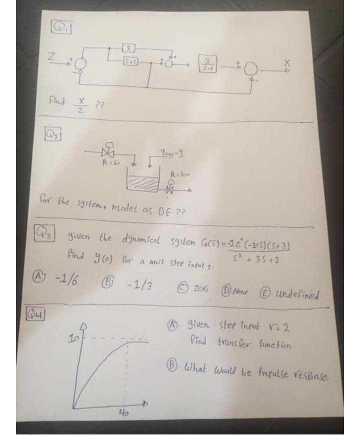 T 國一9-
Find X ??
lon -3
R. So
R- loo
for the system , model as DE ??
given the dynamical system GCS) = -2e (-105)(S+3)
sa + 35 +2
Find y (0) Rr a unit ster infut :-
O -1/6
B -1/3
O zero D
© undefined
None
A. given step inpub ra2
Pind trans fer fumction
Q4
B. What Would be Prapulse vesponse
40
