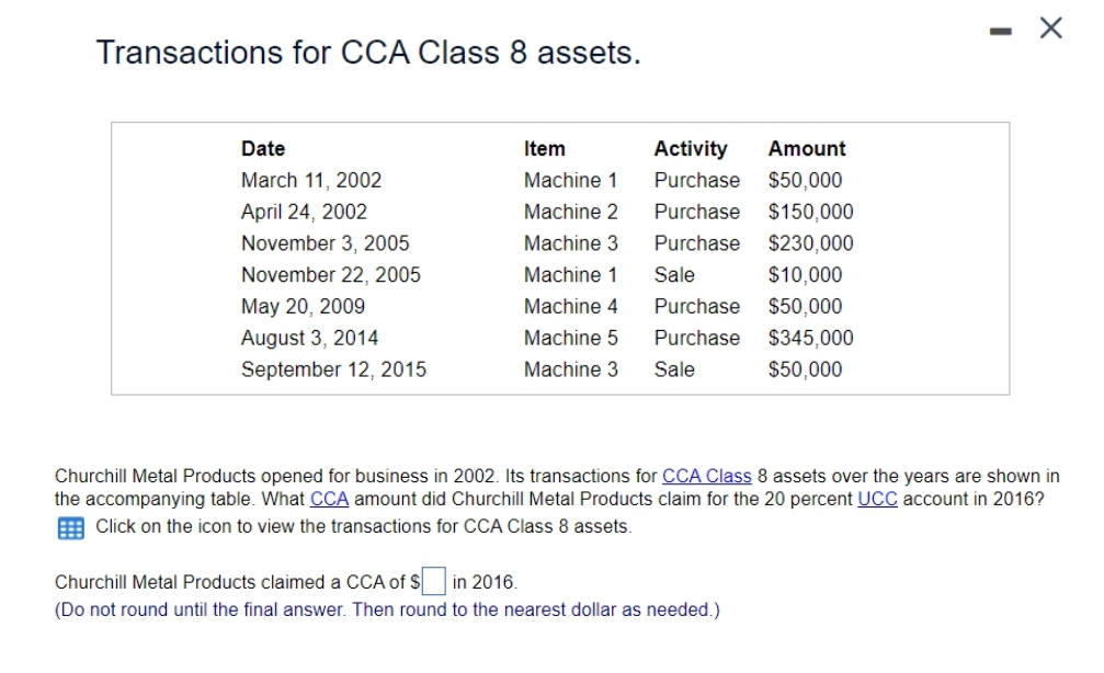 X
Transactions for CCA Class 8 assets.
Date
Item
Activity Amount
March 11, 2002
Machine 1
Purchase $50,000
April 24, 2002
Machine 2
Purchase
$150,000
November 3, 2005
Machine 3
Purchase
$230,000
November 22, 2005
Machine 1
Sale
$10,000
May 20, 2009
Machine 4
Purchase
$50,000
August 3, 2014
Machine 5
Purchase
$345,000
September 12, 2015
Machine 3
Sale
$50,000
Churchill Metal Products opened for business in 2002. Its transactions for CCA Class 8 assets over the years are shown in
the accompanying table. What CCA amount did Churchill Metal Products claim for the 20 percent UCC account in 2016?
Click on the icon to view the transactions for CCA Class 8 assets.
Churchill Metal Products claimed a CCA of $ in 2016.
(Do not round until the final answer. Then round to the nearest dollar as needed.)