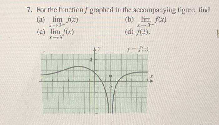 7. For the function f graphed in the accompanying figure, find
(a) lim f(x)
x-3-
(c) lim f(x)
x 3
21
(b) lim f(x)
x+3+
(d) f(3).
y = f(x)
L