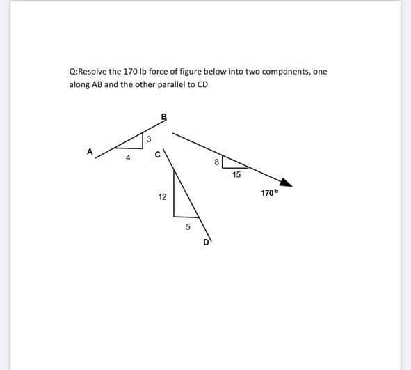 Q:Resolve the 170 Ib force of figure below into two components, one
along AB and the other parallel to CD
3
A.
4
8.
15
12
170
5
