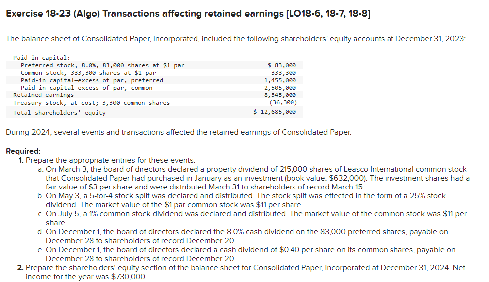 Exercise 18-23 (Algo) Transactions affecting retained earnings [LO18-6, 18-7, 18-8]
The balance sheet of Consolidated Paper, Incorporated, included the following shareholders' equity accounts at December 31, 2023:
Paid-in capital:
Preferred stock, 8.0%, 83,000 shares at $1 par
Common stock, 333,300 shares at $1 par
Paid-in capital-excess of par, preferred
Paid-in capital-excess of par, common
Retained earnings
Treasury stock, at cost; 3,300 common shares
Total shareholders' equity
During 2024, several events and transactions affected the retained earnings of Consolidated Paper.
Required:
1. Prepare the appropriate entries for these events:
$ 83,000
333,300
1,455,000
2,505,000
8,345,000
(36,300)
$ 12,685,000
a. On March 3, the board of directors declared a property dividend of 215,000 shares of Leasco International common stock
that Consolidated Paper had purchased in January as an investment (book value: $632,000). The investment shares had a
fair value of $3 per share and were distributed March 31 to shareholders of record March 15.
b. On May 3, a 5-for-4 stock split was declared and distributed. The stock split was effected in the form of a 25% stock
dividend. The market value of the $1 par common stock was $11 per share.
c. On July 5, a 1% common stock dividend was declared and distributed. The market value of the common stock was $11 per
share.
d. On December 1, the board of directors declared the 8.0% cash dividend on the 83,000 preferred shares, payable on
December 28 to shareholders of record December 20.
e. On December 1, the board of directors declared a cash dividend of $0.40 per share on its common shares, payable on
December 28 to shareholders of record December 20.
2. Prepare the shareholders' equity section of the balance sheet for Consolidated Paper, Incorporated at December 31, 2024. Net
income for the year was $730,000.