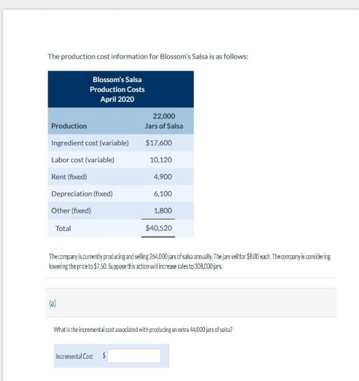 The production cost information for Blossom's Salsa is as follows:
Blossom's Salsa
Production Costs
April 2020
22,000
Production
Jars of Salsa
Ingredient cost (variable)
$17,600
Labor cost (variable)
10,120
Rent (fixed)
4,900
Depreciation (fixed)
6,100
Other (fixed)
1,800
Total
$40,520
The company is currently producing and selling 264,000 jars of salsa annually. The jars sell for $8.00 each. The company is considering
lowering the price to $7.50. Suppose this action will increase sales to 308,000 jars.
(a)
What is the incremental cost associated with producing an extra 44,000 jars of salsa?
Incremental Cost $