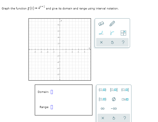 Graph the function g (x) = 4* and give its domain and range using interval notation.
4-
?
-2+
(0.0)
(0.0) (0.0)
Domain: |
(0.0) Ø
DUO
Range:
-00
