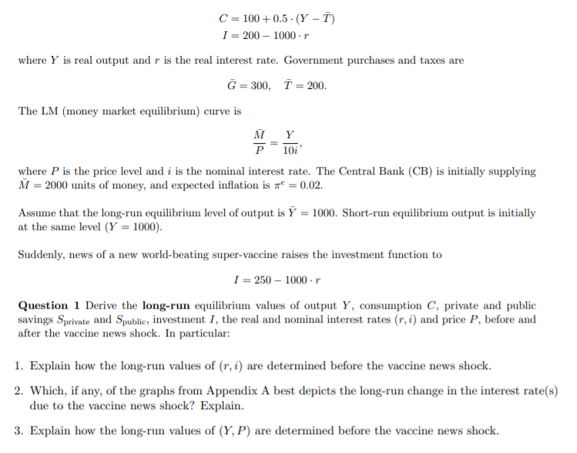 C = 100 + 0.5 - (Y – T)
I = 200 – 1000 - r
where Y is real output and r is the real interest rate. Government purchases and taxes are
G= 300, Ť= 200.
The LM (money market equilibrium) curve is
M Y
10i
where P is the price level and i is the nominal interest rate. The Central Bank (CB) is initially supplying
M = 2000 units of money, and expected inflation is a“ = 0.02.
Assume that the long-run equilibrium level of output is Y = 1000. Short-run equilibrium output is initially
at the same level (Y = 1000).
Suddenly, news of a new world-beating super-vaccine raises the investment function to
I = 250 – 1000 -r
Question 1 Derive the long-run equilibrium values of output Y, consumption C, private and public
savings Sprivate and Spublie, investment I, the real and nominal interest rates (r, i) and price P, before and
after the vaccine news shock. In particular:
1. Explain how the long-run values of (r, i) are determined before the vaccine news shock.
2. Which, if any, of the graphs from Appendix A best depicts the long-run change in the interest rate(s)
due to the vaccine news shock? Explain.
3. Explain how the long-run values of (Y, P) are determined before the vaccine news shock.
