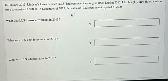 In January 2013, Lindsay's Lawn Service (LLS) had equipment valuing $11000. During 2013, LLS bought 3 new riding mowers
for a total price of S9000. In December of 2013, the value of LLS's equipment equaled $17500.
What was LLS's gross investment in 2013?
What was LLS's net investment in 2013?
What was LLS's depreciation in 2013?
%24
%24
