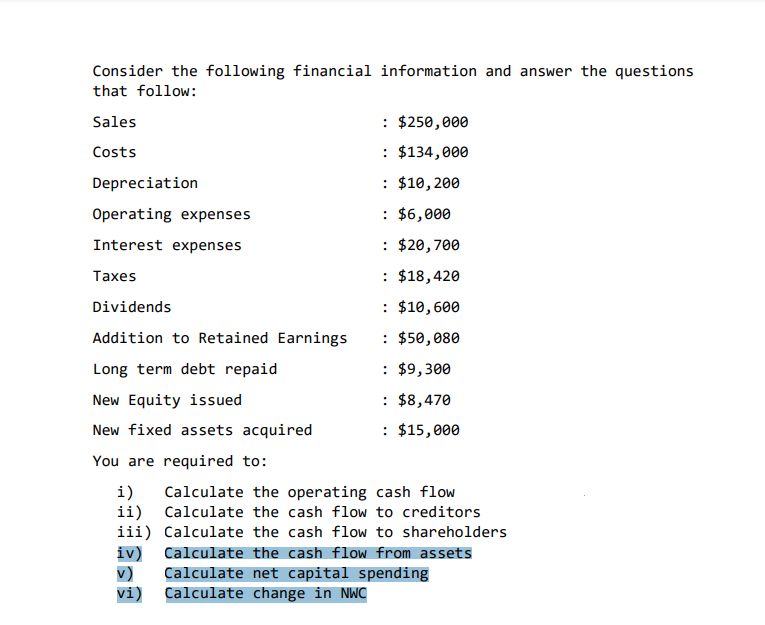 Consider the following financial information and answer the questions
that follow:
Sales
Costs
Depreciation
Operating expenses
Interest expenses
Taxes
Dividends
Addition to Retained Earnings
Long term debt repaid
New Equity issued
New fixed assets acquired
You are required to:
i)
ii)
iii)
iv)
v)
vi)
: $250,000
: $134,000
: $10, 200
: $6,000
: $20,700
: $18,420
: $10,600
: $50,080
: $9,300
: $8,470
: $15,000
Calculate the operating cash flow
Calculate the cash flow to creditors
Calculate the cash flow to shareholders
Calculate the cash flow from assets
Calculate net capital spending
Calculate change in NWC