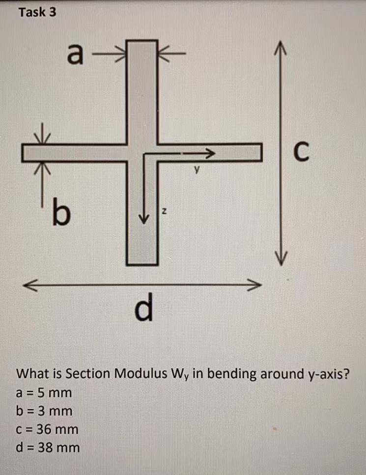 Task 3
9.
d.
What is Section Modulus Wy in bending around y-axis?
a = 5 mm
b = 3 mm
c = 36 mm
d 38 mm
