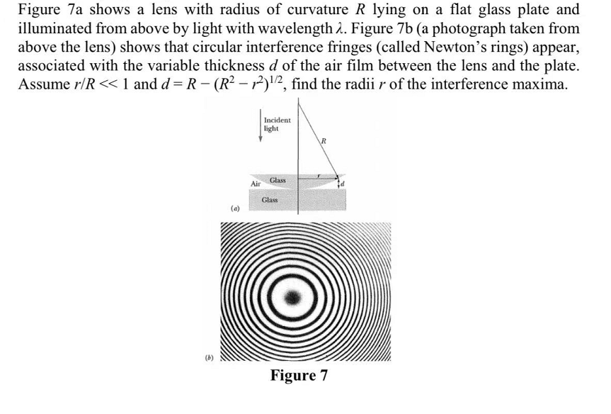 Figure 7a shows a lens with radius of curvature R lying on a flat glass plate and
illuminated from above by light with wavelength 2. Figure 7b (a photograph taken from
above the lens) shows that circular interference fringes (called Newton's rings) appear,
associated with the variable thickness d of the air film between the lens and the plate.
Assume r/R << 1 and d = R - (R² – 12)2, find the radii r of the interference maxima.
Incident
light
Glass
Air
Glass
(a)
Figure 7
