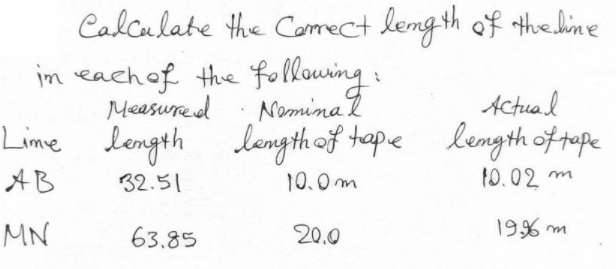 Calcalate the Comect length of the line
im eachof the following:
Meesure d
Lime langthof tape lengsh of rape
Namina 2
Actual
length
AB
32.51
10.0m
10.02 m
MN
63.85
20.0
1996 m
