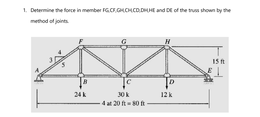 1. Determine the force in member FG,CF,GH,CH,CD,DH,HE and DE of the truss shown by the
method of joints.
H
4
15 ft
A
E
24 k
30 k
12 k
4 at 20 ft = 80 ft
%3D
