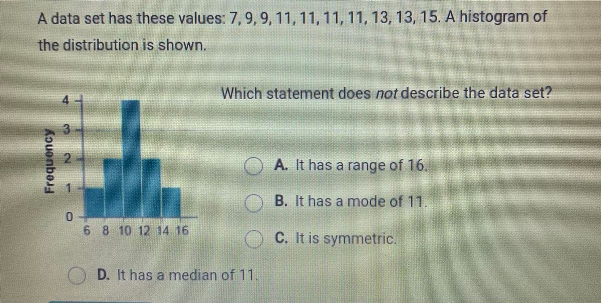 A data set has these values: 7, 9, 9, 11, 11, 11, 11, 13, 13, 15. A histogram of
the distribution is shown.
Which statement does not describe the data set?
3
2.
OA. It has a range of 16.
my
B. It has a mode of 11.
6 8 10 12 14 16
C. It is symmetric
D. It has a median of 11.
