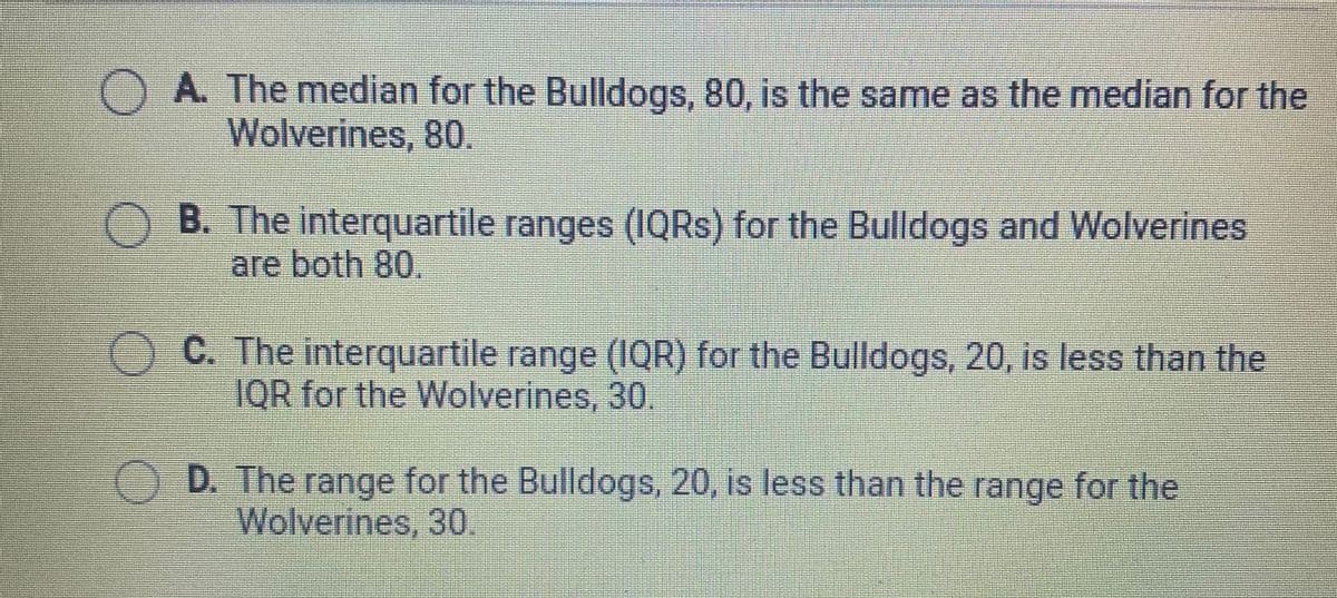 **Transcription for Educational Website: Data Analysis Practice**

This section presents a multiple-choice question designed to test your understanding of statistical concepts like median, interquartile range, and range.

---

**Options:**

- **A.** The median for the Bulldogs, 80, is the same as the median for the Wolverines, 80.

- **B.** The interquartile ranges (IQRs) for the Bulldogs and Wolverines are both 80.

- **C.** The interquartile range (IQR) for the Bulldogs, 20, is less than the IQR for the Wolverines, 30.

- **D.** The range for the Bulldogs, 20, is less than the range for the Wolverines, 30. 

---

**Instructions:** Analyze each statement carefully, using your knowledge of the measures of central tendency and spread, to determine which statement accurately represents the data between the Bulldogs and Wolverines.