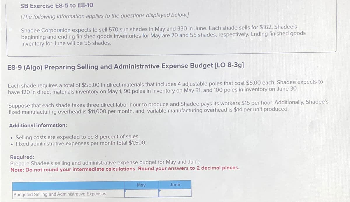 SB Exercise E8-5 to E8-10
[The following information applies to the questions displayed below.]
Shadee Corporation expects to sell 570 sun shades in May and 330 in June. Each shade sells for $162. Shadee's
beginning and ending finished goods inventories for May are 70 and 55 shades, respectively. Ending finished goods
inventory for June will be 55 shades.
E8-9 (Algo) Preparing Selling and Administrative Expense Budget [LO 8-3g]
Each shade requires a total of $55.00 in direct materials that includes 4 adjustable poles that cost $5.00 each. Shadee expects to
have 120 in direct materials inventory on May 1, 90 poles in inventory on May 31, and 100 poles in inventory on June 30.
Suppose that each shade takes three direct labor hour to produce and Shadee pays its workers $15 per hour. Additionally, Shadee's
fixed manufacturing overhead is $11,000 per month, and variable manufacturing overhead is $14 per unit produced.
Additional information:
• Selling costs are expected to be 8 percent of sales.
• Fixed administrative expenses per month total $1,500.
Required:
Prepare Shadee's selling and administrative expense budget for May and June.
Note: Do not round your intermediate calculations. Round your answers to 2 decimal places.
May
June
Budgeted Selling and Administrative Expenses