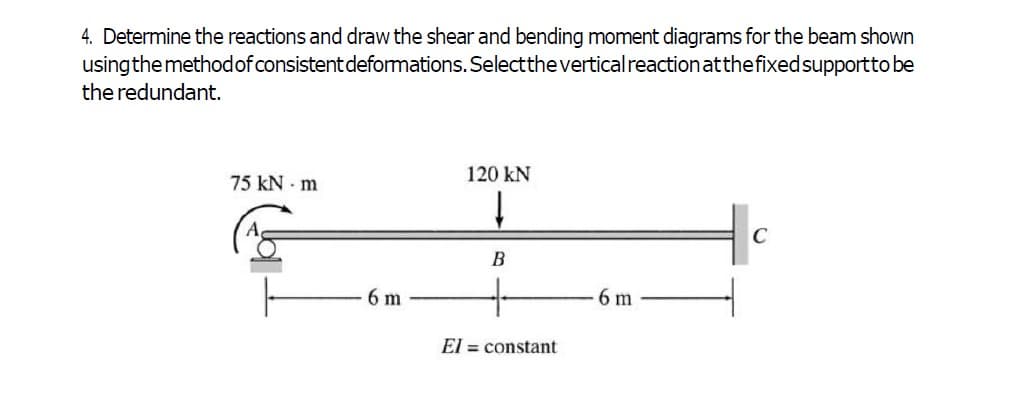 4. Determine the reactions and draw the shear and bending moment diagrams for the beam shown
usingthemethodof consistentdeformations. Selectthevertical reactionatthefixedsupporttobe
the redundant.
120 kN
75 kN m
C
B
6 m
6 m
El = constant
