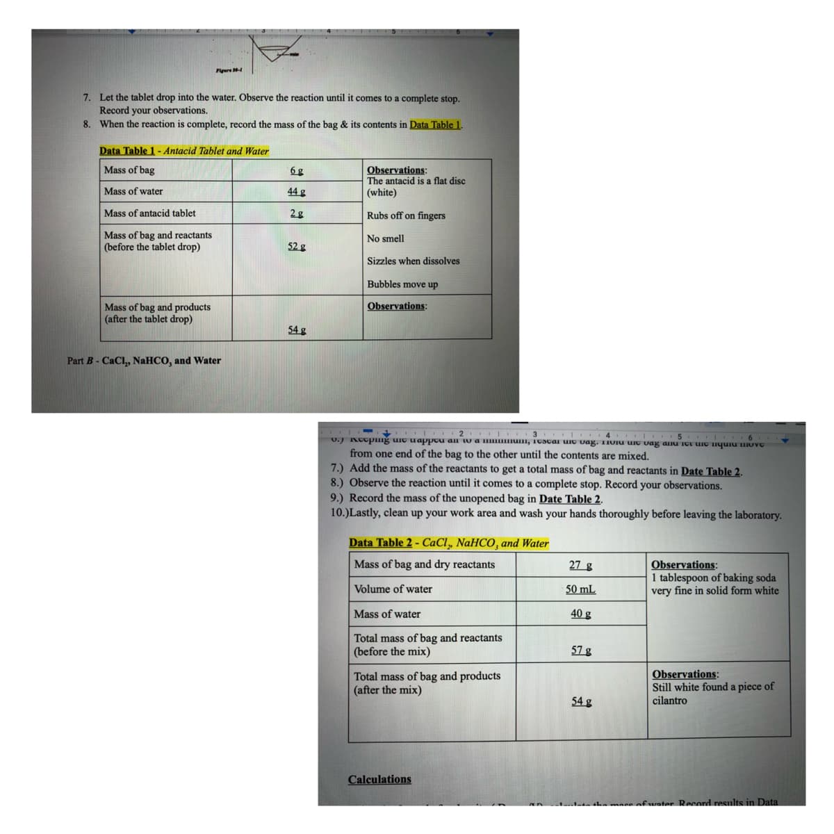 Fgure
7. Let the tablet drop into the water. Observe the reaction until it comes to a complete stop.
Record your observations.
8. When the reaction is complete, record the mass of the bag & its contents in Data Table 1.
Data Table 1 - Antacid Tablet and Water
Mass of bag
6 g
Observations:
The antacid is a flat disc
(white)
Mass of water
44 g
Mass of antacid tablet
Rubs off on fingers
Mass of bag and reactants
(before the tablet drop)
No smell
52 g
Sizzles when dissolves
Bubbles move up
Observations:
Mass of bag and products
(after the tablet drop)
54 g
Part B- CaCl, NAHCO, and Water
3
4 .
U.J Acopmg uie uappcu an tw a u, 1UScai uIo Uag. 1IUIU uC vag anu 1GE uIG nquiu IIUVE
from one end of the bag to the other until the contents are mixed.
7.) Add the mass of the reactants to get a total mass of bag and reactants in Date Table 2.
8.) Observe the reaction until it comes to a complete stop. Record your observations.
9.) Record the mass of the unopened bag in Date Table 2.
10.)Lastly, clean up your work area and wash your hands thoroughly before leaving the laboratory.
Data Table 2 - CaCl, NaHCO, and Water
Mass of bag and dry reactants
27 g
Observations:
1 tablespoon of baking soda
very fine in solid form white
Volume of water
50 mL
Mass of water
40 g
Total mass of bag and reactants
(before the mix)
57 g
Total mass of bag and products
(after the mix)
Observations:
Still white found a piece of
54 g
cilantro
Calculations
mana of urater Record results in Data
