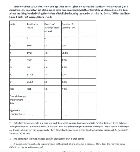 1. Given the above data, calculate the average labor per unit given the cumulative total labor hours provided (this is
already given to you below, but please spend some time analyzing it with the information you learned from the book
All you are doing here is dividing the number of total labor hours by the number of units. L.e. 2 units/ 10.8 of total labor
hours it took = 5.4 average labor per unit).
Total Labor
Hours
Question 1
Average labor Leaming Rate
Units
Question 2-
per unit
...
12
10.8
5.4
10%
4
19.2
4.8
11.1%
35.2
4.4
8.3%
16
64
4.0
9.1%
32
115.2
3.6
10%
64
211.2
3.3
8.3%
128
384
3.0
9.1%
Overall Average
improvement
Rate
Applicable
Learning Curve
2. Calculate the appropriate learning rate and the overall average improvement rate for this data set. (Hint: Subtract
Average labor/unit of previous lower production level from the Average labor/unit of the production level for which you
are trying to figure out the learning rate, then divide by the previous production level average labor/unit. See example
above 6-5.4/6-10%)
3. Are gains from learning realized early in production or at a later point?
4. A learning curve applies to improvements in the direct labor portion of a process. How does the learning curve
differ from the experience curve?
