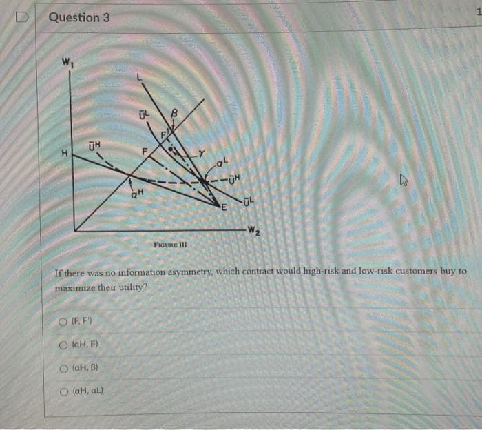 Question 3
70
E
W2
FIGURE III
If there was no information asymmetry, which contract would high-risk and low-risk customers buy to
maximize their utility?
O (F, F)
O taH. F)
O (aH, B)
O (aH, al)
