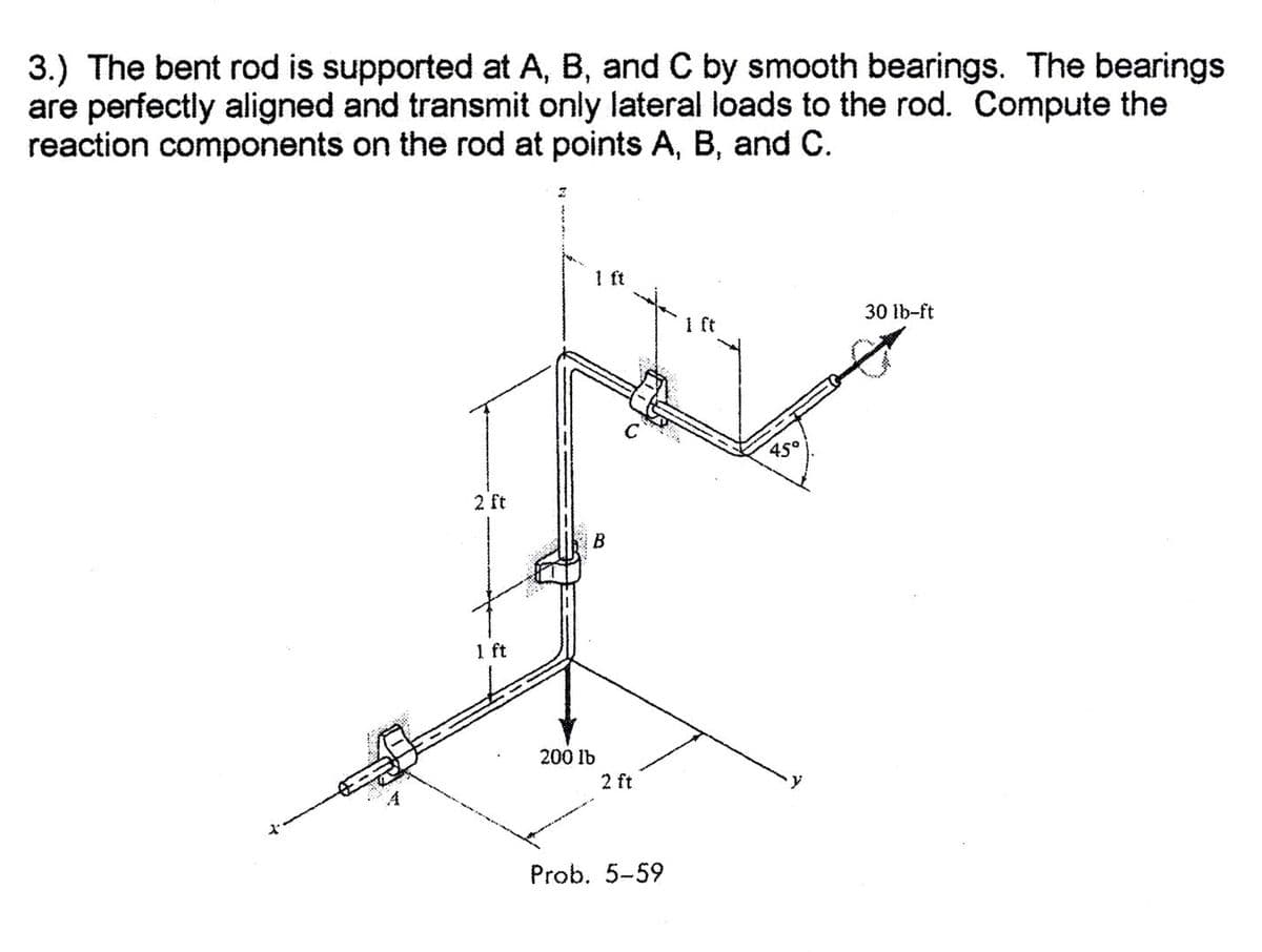 3.) The bent rod is supported at A, B, and C by smooth bearings. The bearings
are perfectly aligned and transmit only lateral loads to the rod. Compute the
reaction components on the rod at points A, B, and C.
I ft
30 lb-ft
1 ft
450
2 ft
1 ft
200 lb
2 ft
Prob. 5-59
