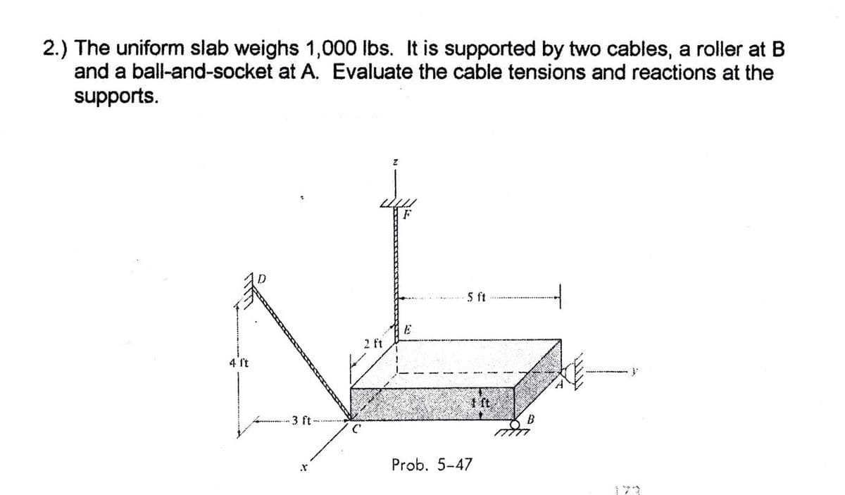 2.) The uniform slab weighs 1,000 Ibs. It is supported by two cables, a roller at B
and a ball-and-socket at A. Evaluate the cable tensions and reactions at the
supports.
F
5 ft
2 ft
4 ft
I ft
3 ft-
B
Prob. 5-47
173
