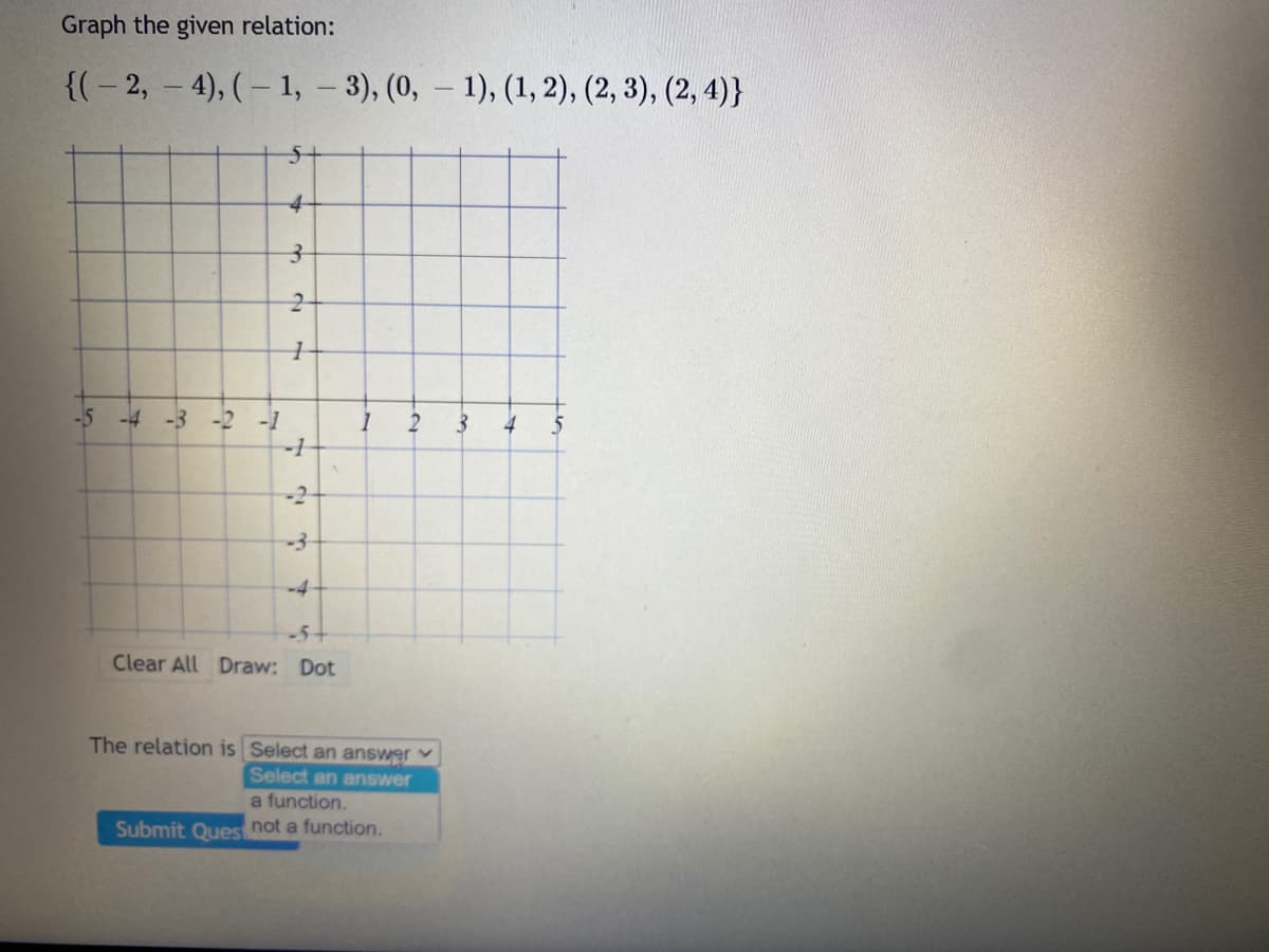 Graph the given relation:
{(-2,-4), (1, 3), (0, 1), (1, 2), (2, 3), (2, 4)}
-5 -4
-3 -2 -1
4
3
2
1
-1
2
-3
-4
-5+
Clear All Draw: Dot
1
2
The relation is Select an answer
Select an answer
a function.
Submit Quest not a function.
1
3
4 5