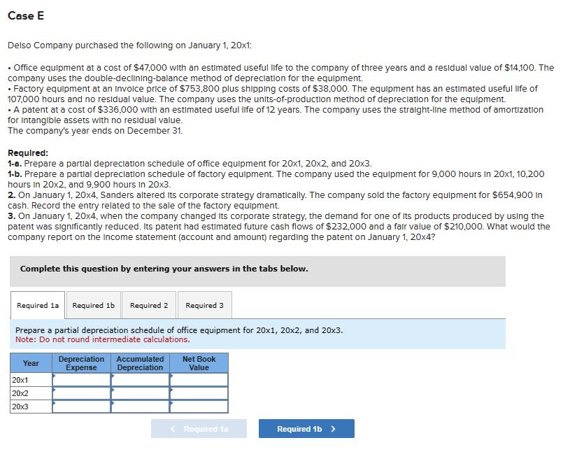Case E
Delso Company purchased the following on January 1, 20x1:
⚫ Office equipment at a cost of $47,000 with an estimated useful life to the company of three years and a residual value of $14,100. The
company uses the double-declining-balance method of depreciation for the equipment.
• Factory equipment at an Invoice price of $753,800 plus shipping costs of $38,000. The equipment has an estimated useful life of
107,000 hours and no residual value. The company uses the units-of-production method of depreciation for the equipment.
• A patent at a cost of $336,000 with an estimated useful life of 12 years. The company uses the straight-line method of amortization
for Intangible assets with no residual value.
The company's year ends on December 31.
Required:
1-a. Prepare a partial depreciation schedule of office equipment for 20x1, 20x2, and 20x3.
1-b. Prepare a partial depreciation schedule of factory equipment. The company used the equipment for 9,000 hours in 20x1, 10,200
hours in 20x2, and 9,900 hours in 20x3.
2. On January 1, 20x4, Sanders altered its corporate strategy dramatically. The company sold the factory equipment for $654,900 In
cash. Record the entry related to the sale of the factory equipment.
3. On January 1, 20x4, when the company changed its corporate strategy, the demand for one of its products produced by using the
patent was significantly reduced. Its patent had estimated future cash flows of $232,000 and a fair value of $210,000. What would the
company report on the income statement (account and amount) regarding the patent on January 1, 20x4?
Complete this question by entering your answers in the tabs below.
Required 1a Required 1b Required 2 Required 3
Prepare a partial depreciation schedule of office equipment for 20x1, 20x2, and 20x3.
Note: Do not round intermediate calculations.
Year
Depreciation
Expense
Accumulated
Depreciation
20x1
20x2
20x3
Net Book
Value
< Required 1a
Required 1b >
