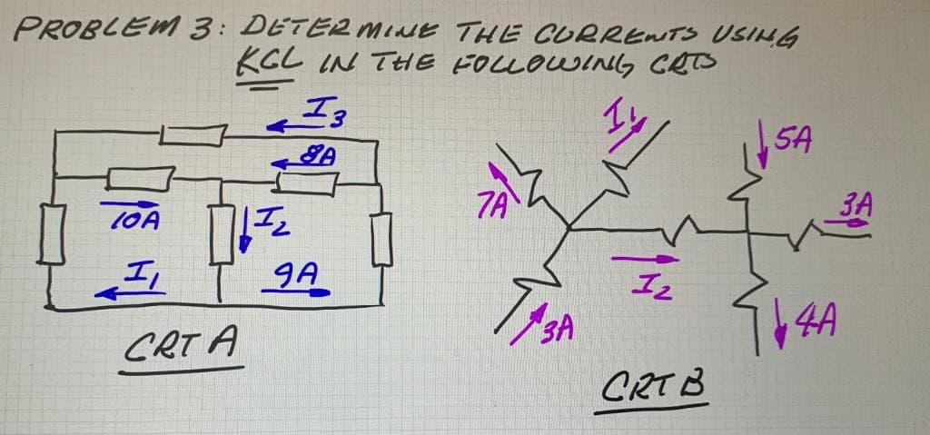 PROBLEM 3: DETERMINE THE CURRENTS USING
KGL IN THE кошошель, сets
. Із
10A
I,
CRTA
| 2
9А
Туза
CRT B
SA
4A