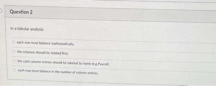 D
Question 2
In a tabular analysis
each row must balance mathematically.
the columns should be totaled first.
the cash column entries should be labeled by name (e.g Payroll).
each row must balance in the number of column entries.