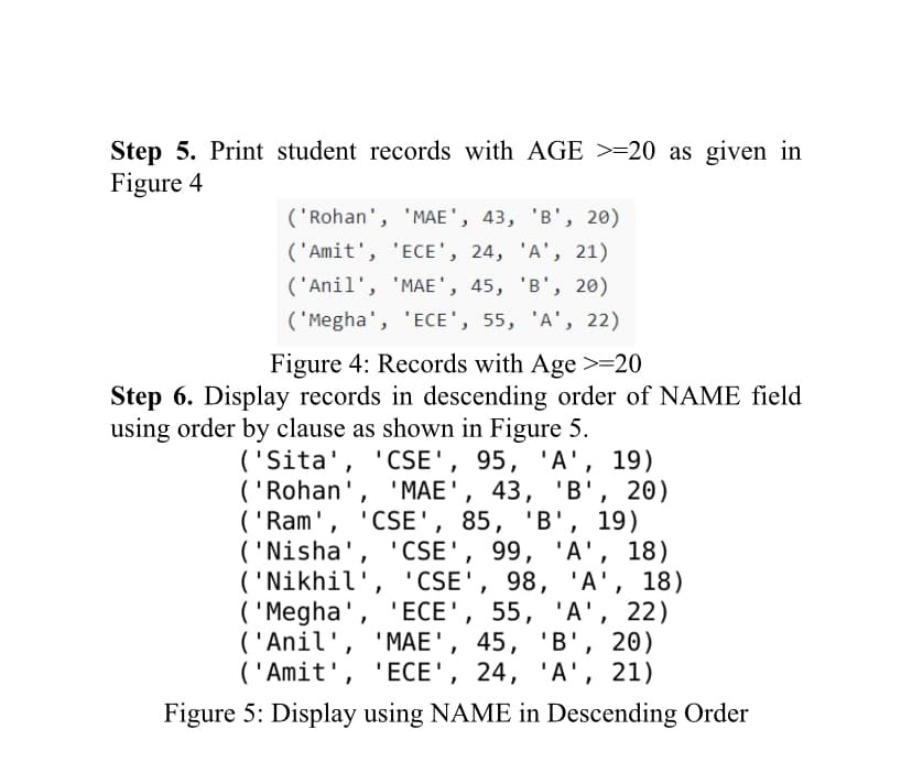 Step 5. Print student records with AGE >=20 as given in
Figure 4
('Rohan', 'MAE', 43, 'B', 20)
('Amit', 'ECE', 24, 'A', 21)
('Anil', 'MAE', 45, 'B', 20)
('Megha', 'ECE', 55, 'A', 22)
Figure 4: Records with Age >=20
Step 6. Display records in descending order of NAME field
using order by clause as shown in Figure 5.
('Sita', 'CSE', 95, 'A', 19)
('Rohan', 'MAE', 43, 'B', 20)
('Ram', 'CSE', 85, 'B', 19)
('Nisha', 'CSE', 99, 'A', 18)
('Nikhil', 'CSE', 98, 'A', 18)
('Megha', 'ECE', 55, 'A', 22)
('Anil', 'MAE', 45, 'B', 20)
('Amit', 'ECE', 24, 'A', 21)
Figure 5: Display using NAME in Descending Order