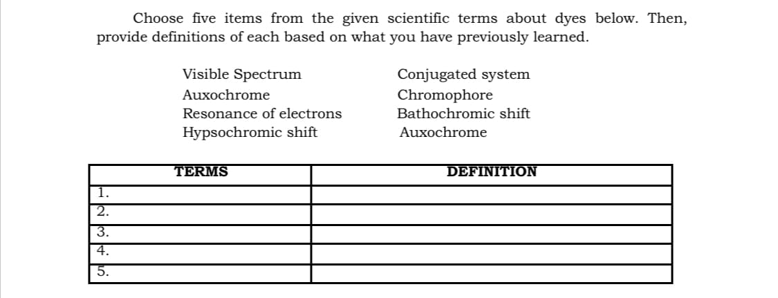 Choose five items from the given scientific terms about dyes below. Then,
provide definitions of each based on what you have previously learned.
Visible Spectrum
Conjugated system
Auxochrome
Chromophore
Bathochromic shift
Resonance of electrons
Hypsochromic shift
Auxochrome
TERMS
DEFINITION
1.
2.
3.
4.
5.
