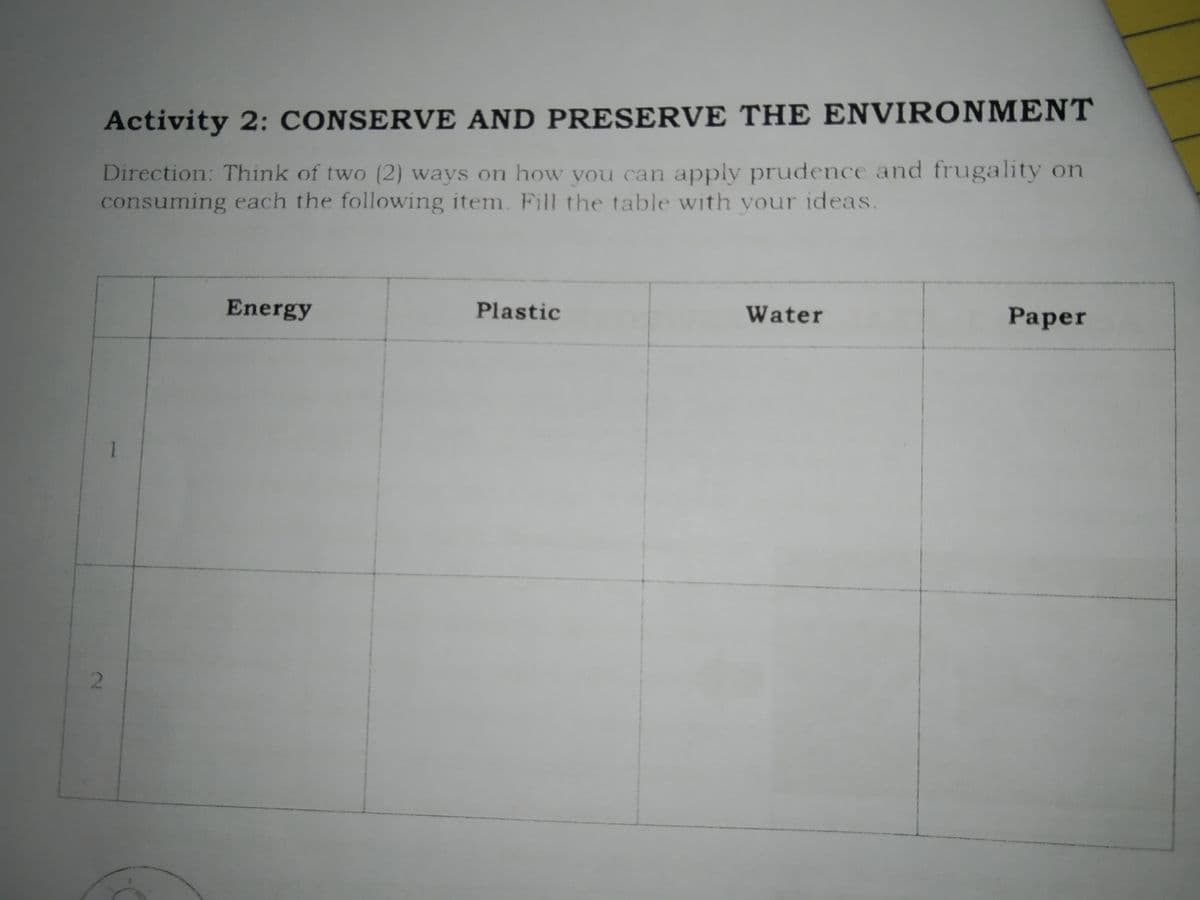 Activity 2: CONSERVE AND PRESERVE THE ENVIRONMENT
Direction: Think of two (2) ways on how you can apply prudence and frugality on
consuming each the following item. Fill the table with your ideas.
Energy
Plastic
Water
Раper
1
2.
