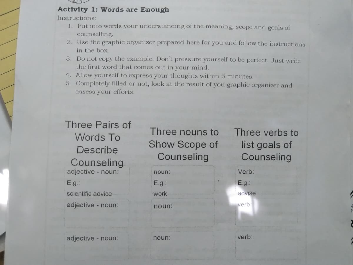 Activity 1: Words are Enough
Instructions:
1. Put into words your understanding of the meaning, scope and goals of
counselling.
2. Use the graphic organizer prepared here for you and follow the instructions
in the box.
3. Do not copy the example. Don't pressure yourself to be perfect. Just write
the first word that comes out in your mind.
4. Allow yourself to express your thoughts within 5 minutes.
5. Completely filled or not, look at the result of you graphic organizer and
assess your efforts.
Three Pairs of
Three nouns to
Three verbs to
Words To
Show Scope of
Counseling
list goals of
Counseling
Describe
Counseling
adjective - noun:
noun:
Verb:
E.g.:
E.g.:
E.g.
scientific advice
work
advise
adjective - noun:
noun:
verb:
adjective - noun:
verb:
noun:
