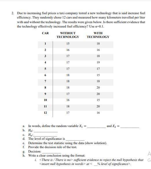 2. Due to increasing fuel prices a taxi company tested a new technology that is said increase fuel
efficiency. They randomly chose 12 cars and measured how many kilometers travelled per liter
with and without the technology. The results were given below. Is there sufficient evidence that
the technology effectively increased fuel efficiency? Use a-0.1.
CAR
WITHOUT
WITH
TECHNOLOGY
TECHNOLOGY
15
18
2
16
16
3
17
18
4
17
19
17
17
6.
18
15
7
18
18
18
20
9
17
20
10
16
15
11
18
20
12
17
16
In words, define the random variable X1 =
b. Но:
Ha:
d. The level of significance is
e. Determine the test statistic using the data (show solution).
f. Provide the decision rule of the test.
g. Decision:
h. Write a clear conclusion using the format:
a.
and X2 =
с.
A
i. <There is / There is no> sufficient evidence to reject the null hypothesis that G
<insert null hypothesis in words> at <_% level of significance>.
