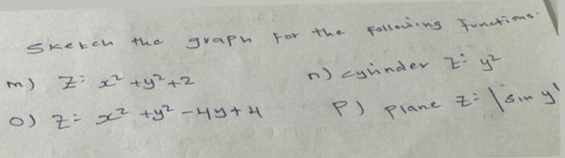 For the
Following Funetions:
Sketcn the
graph
+y?+2
)cyinder だy
o)そ-メ? ty -Hyナ
P) piane Zi lsny'
