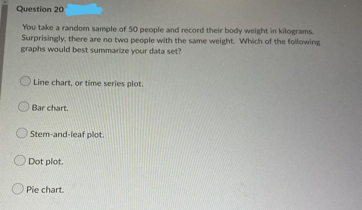 Question 20
You take a random sample of 50 people and record their body weight in kilograms.
Surprisingly, there are no two people with the same weight. Which of the following
graphs would best summarize your data set?
O Line chart, or time series plot.
O Bar chart.
Stem-and-leaf plot.
Dot plot.
Pie chart.
