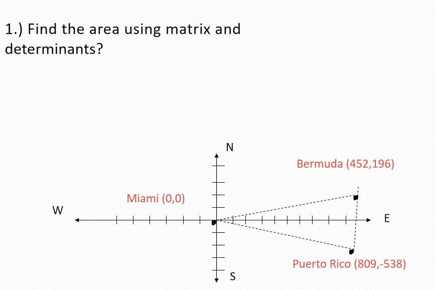 1.) Find the area using matrix and
determinants?
N
Bermuda (452,196)
Miami (0,0)
W
+
E
Puerto Rico (809,-538)
