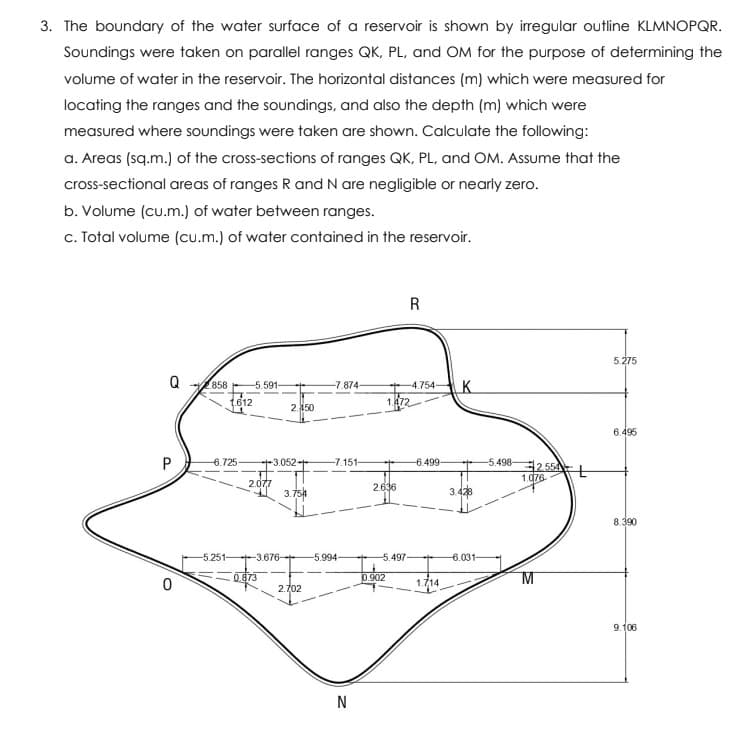 3. The boundary of the water surface of a reservoir is shown by irregular outline KLMNOPQR.
Soundings were taken on parallel ranges QK, PL, and OM for the purpose of determining the
volume of water in the reservoir. The horizontal distances (m) which were measured for
locating the ranges and the soundings, and also the depth (m) which were
measured where soundings were taken are shown. Calculate the following:
a. Areas (sq.m.) of the cross-sections of ranges QK, PL, and OM. Assume that the
cross-sectional areas of ranges R and N are negligible or nearly zero.
b. Volume (cu.m.) of water between ranges.
c. Total volume (cu.m.) of water contained in the reservoir.
R
5.275
Q 2658
t612
-5.591-
-7.874-
-4.754-
2.150
6.496
-6.725
-3.052-
-7.151-
-6.499-
-5.498-
2,55N
1.076
2.077
3.754
2.636
3.428
8.390
-5.251-
+3.676
-5.994
-5.497-
-6.031-
!!
0.873
0.902
1.714
M
2.702
9. 106
N
