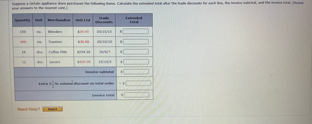 ### Calculating Trade Discounts and Totals

Suppose a certain appliance store purchases the following items. Calculate the extended total after the trade discounts for each line, the invoice subtotal, and the invoice total. (Round your answers to the nearest cent.)

#### Purchase Details

| Quantity | Unit | Merchandise  | Unit List | Trade Discounts | Extended Total |
|----------|------|--------------|-----------|-----------------|----------------|
| 150      | ea.  | Blenders     | $39.95    | 20/15/15        | $              |
| 400      | ea.  | Toasters     | $38.88    | 20/10/10        | $              |
| 18       | doz. | Coffee Mills | $244.30   | 30/9/7          | $              |
| 12       | doz. | Juicers      | $420.00   | 25/10/5         | $              |

#### Invoice Calculations

- **Invoice Subtotal**: $ 
- **Extra \(5 \frac{1}{2} \%\) volume discount on total order**: $ 
- **Invoice Total**: $ 

#### Notes

1. **Trade Discounts**: These are series discounts applied to each item based on the quantity purchased. Calculate the net price by applying each discount in sequence to the unit list price.
  
2. **Extended Total**: Calculate by multiplying the net unit price (after trade discounts) by the quantity.

3. **Invoice Subtotal**: Sum of all extended totals.

4. **5 ½% Volume Discount**: Apply this additional discount to the invoice subtotal.

5. **Invoice Total**: Subtract the volume discount from the invoice subtotal to get the final total.

Need Help? A "Read It" button suggests additional resources may be available.