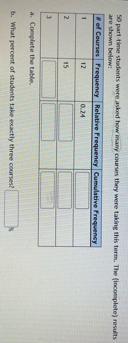 50 part-time students were asked how many courses they were taking this term. The (incomplete) results
are shown below:
# of Courses
1
2
3
Frequency Relative Frequency Cumulative Frequency
12
15
a. Complete the table.
0.24
b. What percent of students take exactly three courses?
1%