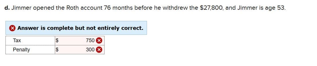 d. Jimmer opened the Roth account 76 months before he withdrew the $27,800, and Jimmer is age 53.
Answer is complete but not entirely correct.
$
750 X
$
300
Tax
Penalty