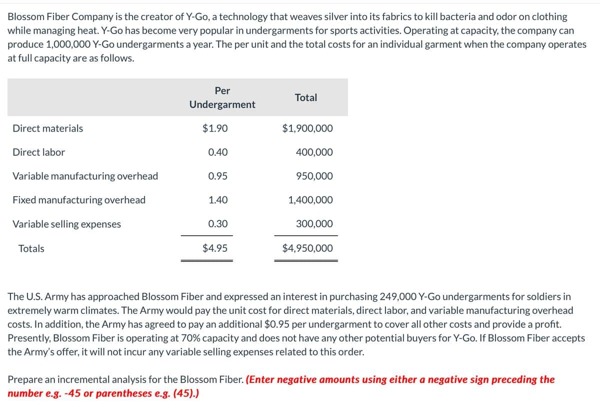 Blossom Fiber Company is the creator of Y-Go, a technology that weaves silver into its fabrics to kill bacteria and odor on clothing
while managing heat. Y-Go has become very popular in undergarments for sports activities. Operating at capacity, the company can
produce 1,000,000 Y-Go undergarments a year. The per unit and the total costs for an individual garment when the company operates
at full capacity are as follows.
Direct materials
Direct labor
Variable manufacturing overhead
Fixed manufacturing overhead
Variable selling expenses
Totals
Per
Undergarment
$1.90
0.40
0.95
1.40
0.30
$4.95
Total
$1,900,000
400,000
950,000
1,400,000
300,000
$4,950,000
The U.S. Army has approached Blossom Fiber and expressed an interest in purchasing 249,000 Y-Go undergarments for soldiers in
extremely warm climates. The Army would pay the unit cost for direct materials, direct labor, and variable manufacturing overhead
costs. In addition, the Army has agreed to pay an additional $0.95 per undergarment to cover all other costs and provide a profit.
Presently, Blossom Fiber is operating at 70% capacity and does not have any other potential buyers for Y-Go. If Blossom Fiber accepts
the Army's offer, it will not incur any variable selling expenses related to this order.
Prepare an incremental analysis for the Blossom Fiber. (Enter negative amounts using either a negative sign preceding the
number e.g. -45 or parentheses e.g. (45).)