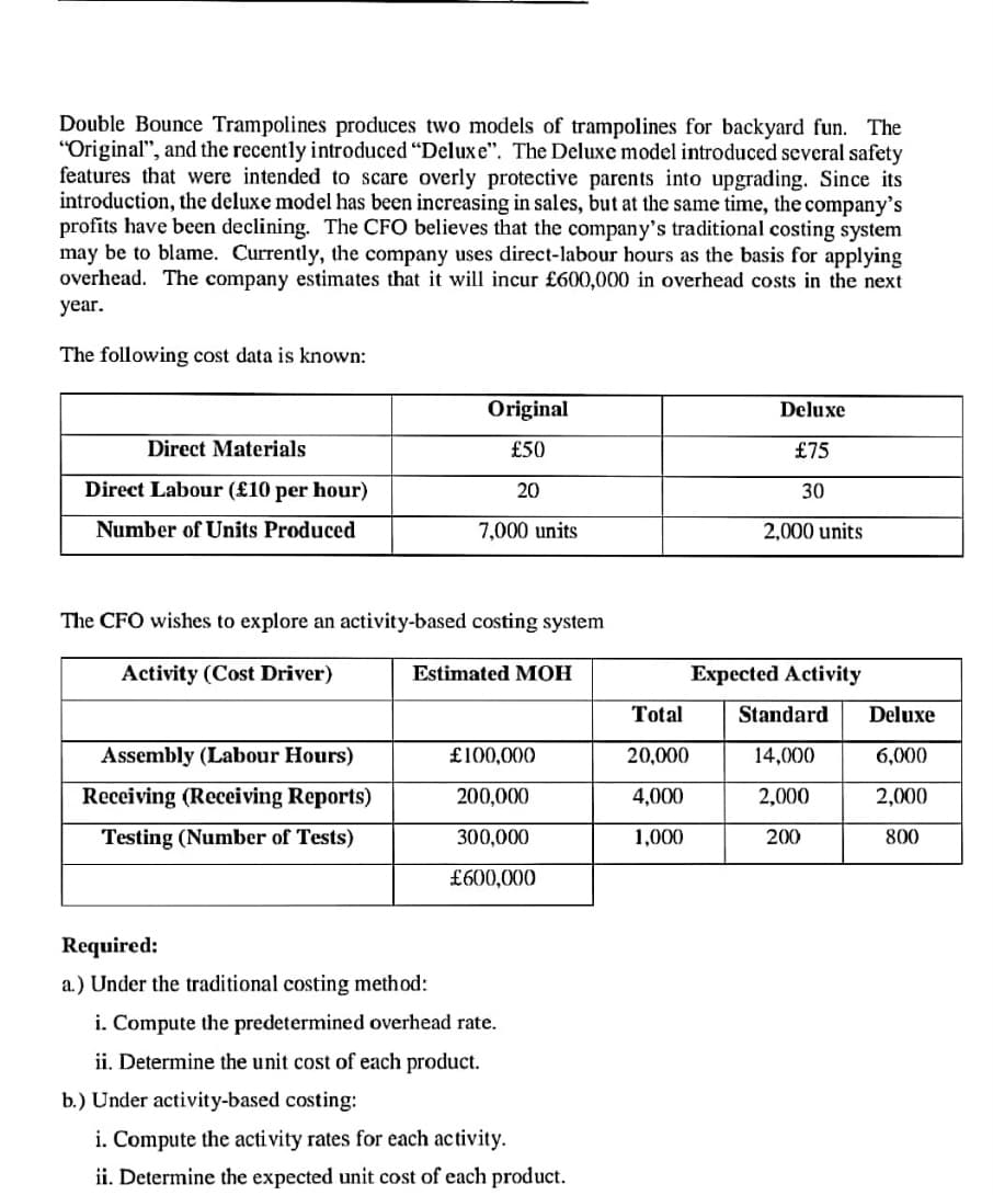 Double Bounce Trampolines produces two models of trampolines for backyard fun. The
"Original", and the recently introduced "Deluxe". The Deluxe model introduced several safety
features that were intended to scare overly protective parents into upgrading. Since its
introduction, the deluxe model has been increasing in sales, but at the same time, the company's
profits have been declining. The CFO believes that the company's traditional costing system
may be to blame. Currently, the company uses direct-labour hours as the basis for applying
overhead. The company estimates that it will incur £600,000 in overhead costs in the next
year.
The following cost data is known:
Direct Materials
Direct Labour (£10 per hour)
Number of Units Produced
Assembly (Labour Hours)
Receiving (Receiving Reports)
Testing (Number of Tests)
Original
£50
20
The CFO wishes to explore an activity-based costing system
Activity (Cost Driver)
7,000 units
Required:
a.) Under the traditional costing method:
Estimated MOH
£100,000
200,000
300,000
£600,000
i. Compute the predetermined overhead rate.
ii. Determine the unit cost of each product.
b.) Under activity-based costing:
i. Compute the activity rates for each activity.
ii. Determine the expected unit cost of each product.
Total
20,000
4,000
1,000
Deluxe
£75
30
2,000 units
Expected Activity
Standard
14,000
2,000
200
Deluxe
6,000
2,000
800