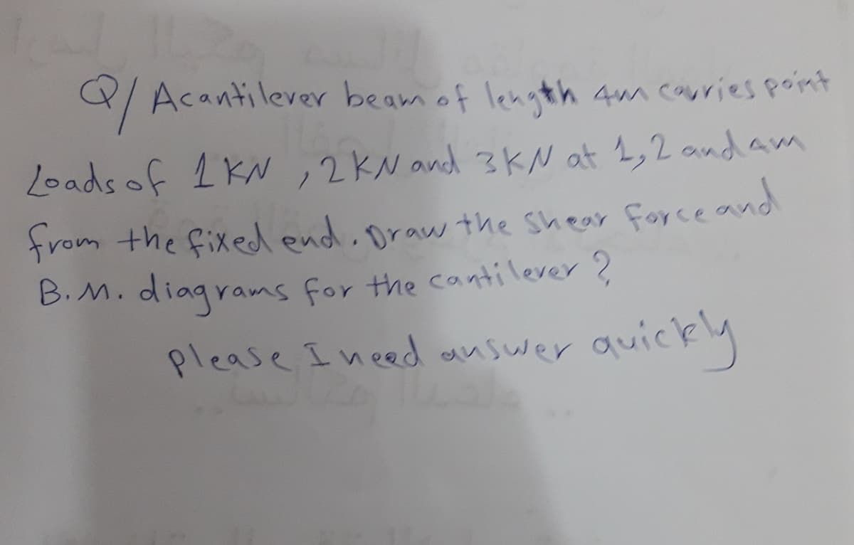 /Acantilever beam of length 4m cauries point
Loads of 1 KN ,2KN and 3KN at 1,2 and am
from the fixedend, oraw the Shear force and
B.M. diaqrams for the cantilever ?
quicky
Please I need answer
