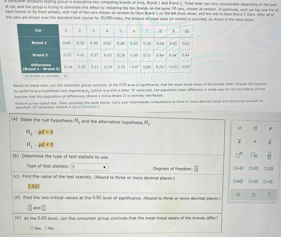Consumer products testing group is evaluating two competing brands of tires, Brand 1 and Brand 2. Tread wear can vary considerably depending on the type
of car, and the group is trying to eliminate this effect by installing the two brands on the same 10 cars, chosen at random. In particular, each car has one tire of
each brand on its front wheels, with half of the cars chosen at random to have Brand 1 on the left front wheel, and the rest to have Brand 2 there. After all of
the cars are driven over the standard test course for 20,000 miles, the amount of tread wear (in inches) is recorded, as shown in the table below.
Car
4.
5.
8.
10
Brand 1
0.46
0.59
0.48
0.62
0.40
0.42
0.59
0.54
0.42
0.42
Brand 2
0.32
0.41
0.37
0.43
0.24
0.49
0.51
0.44
0.44
0.44
Difference
0.14
0.18
0.11
0.19
0.16 -0.07
0.08
0.10
-0.02 -0.02
(Brand 1- Brand 2)
Send data to calculator
Based on these data, can the consumer group conclude, at the 0.05 level of significance, that the mean tread wears of the brands differ? Answer this question
by performing a hypothesis test regarding H, (which is u with a letter "d" subscript), the population mean difference in tread wear for the two brands of tires.
Assume that this population of differences (Brand 1 minus Brand 2) is normally distributed.
Perform a two-tailed test. Then complete the parts below. Carry your intermediate computations to three or more decimal places and round your answers as
specified. (If necessary, consult a list of formulas.)
(a) State the null hypothesis H, and the alternative hypothesis H,.
H, : pd = 0
H : µd z 0
(b) Determine the type of test statistic to use.
Type of test statistic: t
ロ=ロ ロSロ ロ2ロ
Degrees of freedom:
(c) Find the value of the test statistic. (Round to three or more decimal places.)
ロォロ
2.932
(d) Find the two critical values at the 0.05 level of significance. (Round to three or more decimal places.)
I and
(e) At the 0.05 level, can the consumer group conclude that the mean tread wears of the brands differ?
O Yes O No
3.
2.
