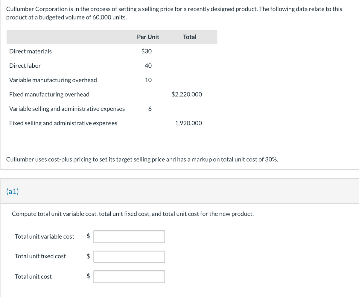 Cullumber Corporation is in the process of setting a selling price for a recently designed product. The following data relate to this
product at a budgeted volume of 60,000 units.
Direct materials
Direct labor
Variable manufacturing overhead
Fixed manufacturing overhead
Variable selling and administrative expenses
Fixed selling and administrative expenses
(a1)
Total unit variable cost $
Total unit fixed cost
Total unit cost
Per Unit
$
$30
$
40
Cullumber uses cost-plus pricing to set its target selling price and has a markup on total unit cost of 30%.
10
6
Compute total unit variable cost, total unit fixed cost, and total unit cost for the new product.
Total
$2,220,000
1,920,000