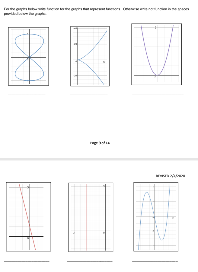 For the graphs below write function for the graphs that represent functions. Otherwise write not function in the spaces
provided below the graphs.
40
20
10
-20
Page 9 of 14
REVISED 2/4/2020
