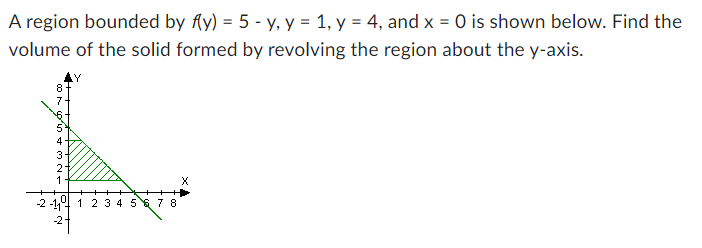 A region bounded by fy) = 5 - y, y = 1, y = 4, and x = 0 is shown below. Find the
volume of the solid formed by revolving the region about the y-axis.
4
+32-
1
X
-2-11 1 2 3 4 5 6 7 8
N