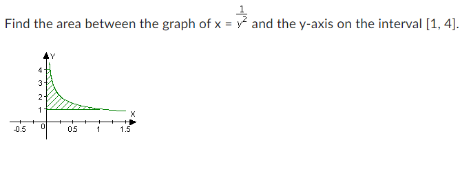 ### Calculating the Area Under the Curve

**Problem Statement:**
Find the area between the graph of \( x = \frac{1}{y^2} \) and the y-axis on the interval [1, 4].

**Diagram:**
The accompanying graph illustrates the function \( x = \frac{1}{y^2} \) within the specified interval. The x-axis spans from -0.5 to 1.5, while the y-axis extends from 0 to 4. The area of interest, which lies between \( y = 1 \) and \( y = 4 \), is shaded in green.

**Explanation:**

To determine the area under the curve \( x = \frac{1}{y^2} \) from \( y = 1 \) to \( y = 4 \), we need to set up and evaluate an integral. Given that the function is defined implicitly, we reframe the integral in terms of \( y \).

The integral to compute the area A is:

\[ A = \int_{1}^{4} \frac{1}{y^2} \, dy \]

**Step-by-Step Solution:**

1. **Set up the Integral:**
   To find the area, set up the definite integral of \( x = \frac{1}{y^2} \) from \( y = 1 \) to \( y = 4 \):
   \[
   A = \int_{1}^{4} \frac{1}{y^2} \, dy
   \]

2. **Compute the Integral:**
   Evaluate the integral using the antiderivative of \( \frac{1}{y^2} \):
   \[
   \int \frac{1}{y^2} \, dy = \int y^{-2} \, dy = -y^{-1} = -\frac{1}{y}
   \]

3. **Apply the Limits:**
   Apply the limits of integration from 1 to 4:
   \[
   A = \left[ -\frac{1}{y} \right]_{1}^{4} = -\frac{1}{4} - \left( -\frac{1}{1} \right) = -\frac{1}{4} + 1 = \frac{3}{4}
   \]

**Conclusion:**
The area between the