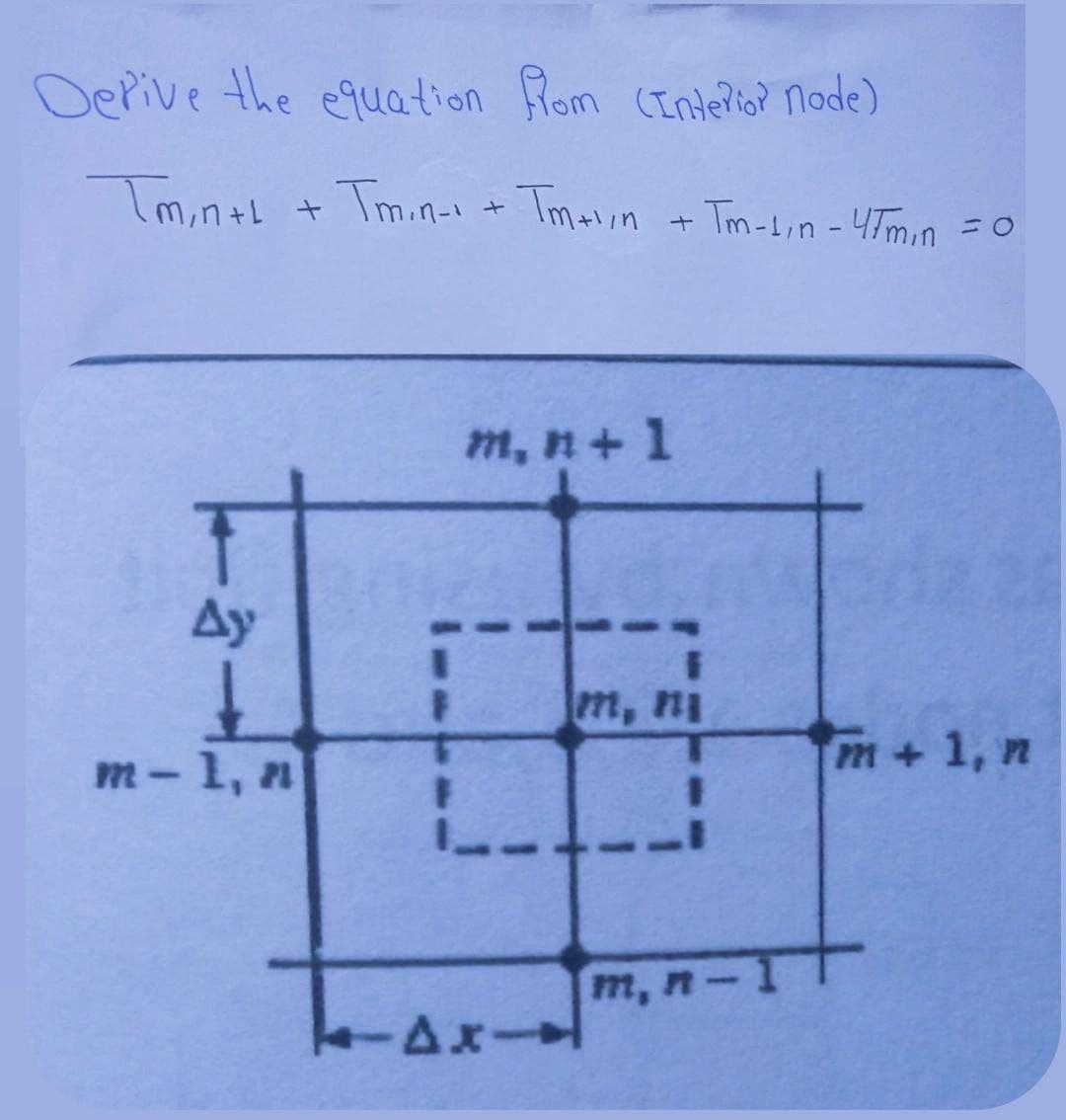 Derive the equation Rom (Interior node)
Tm₁n ++ + Tmin-+ + Tm+n + Tm-1/n - 4Tmin=0
Ay
m-1, n
mn +1
L
TAXI
m, n
m, n-
m+ 1, n