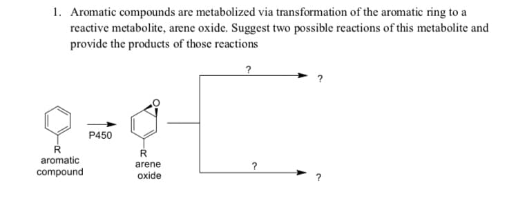 1. Aromatic compounds are metabolized via transformation of the aromatic ring to a
reactive metabolite, arene oxide. Suggest two possible reactions of this metabolite and
provide the products of those reactions
?
P450
aromatic
arene
?
compound
oxide
?
